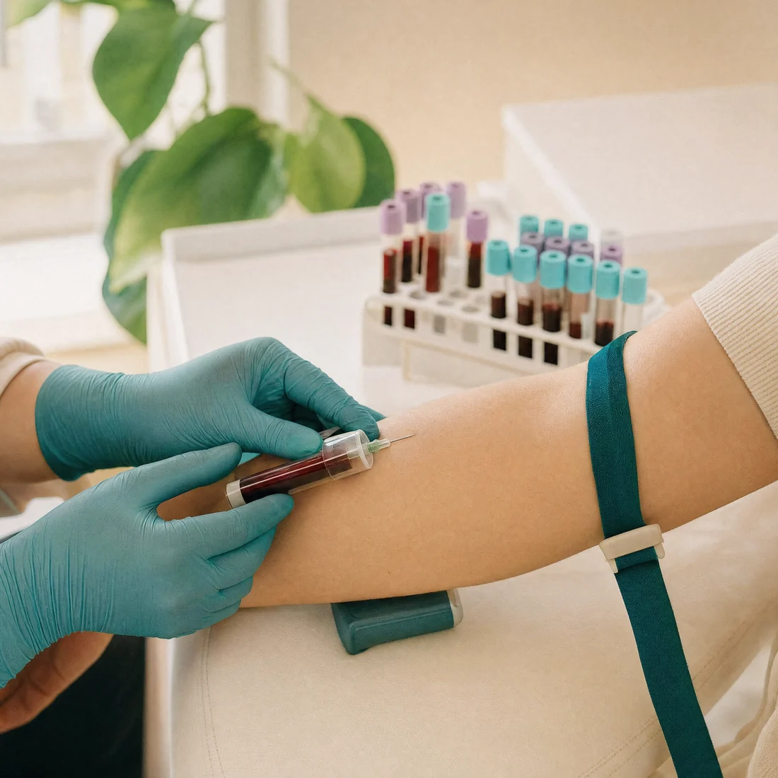 Gloved hands labelling a blood collection tube at a bench.