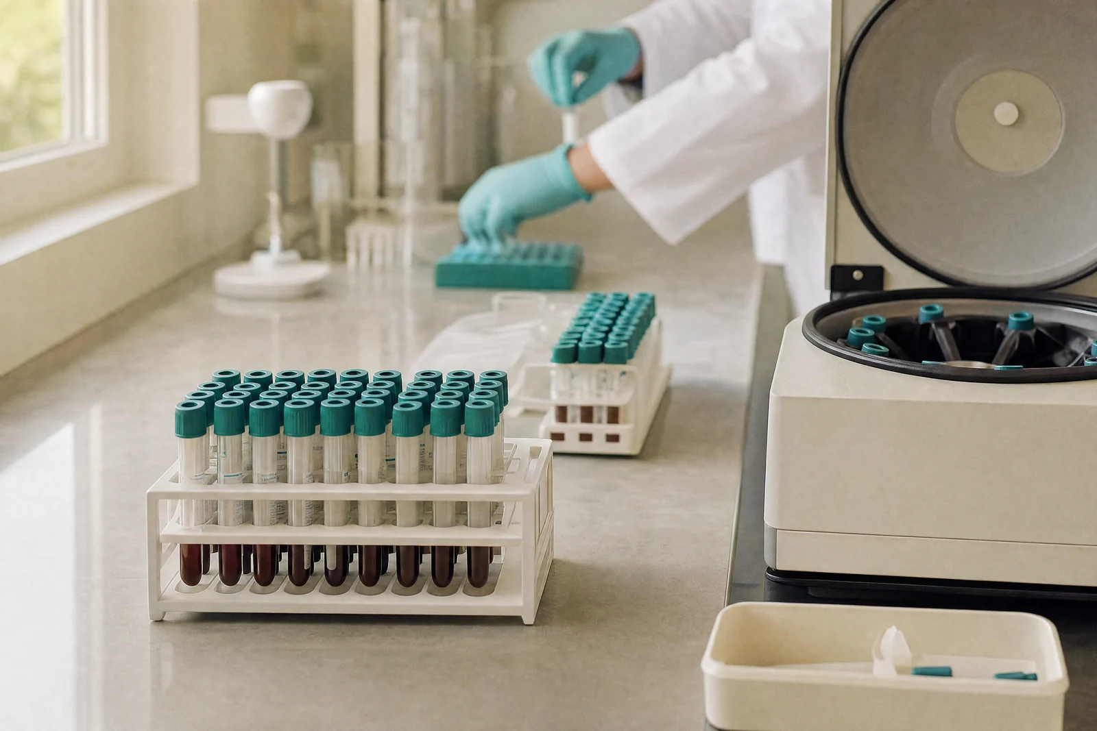 Gloved hands placing a rack of labelled sample tubes on a laboratory bench.