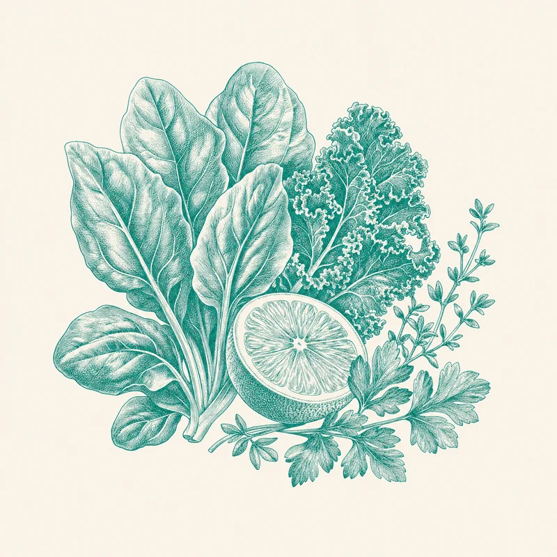 Line drawing of leafy greens, citrus and a glass of milk.