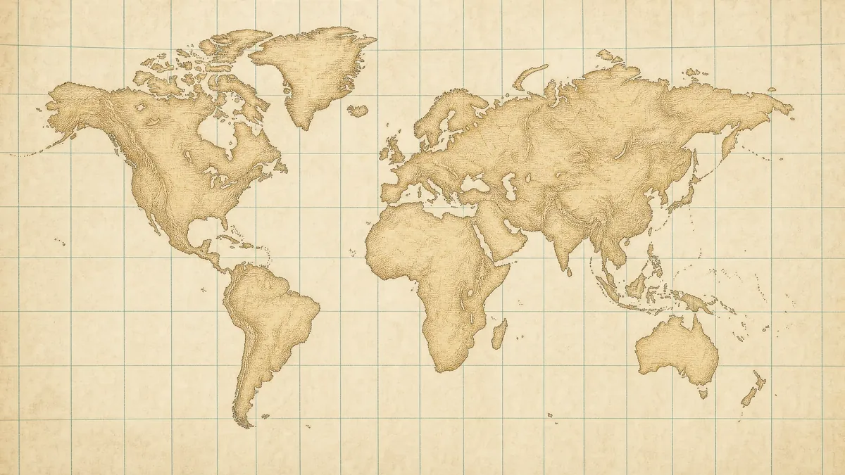 Antique-style world map drawn in sepia ink on aged paper.