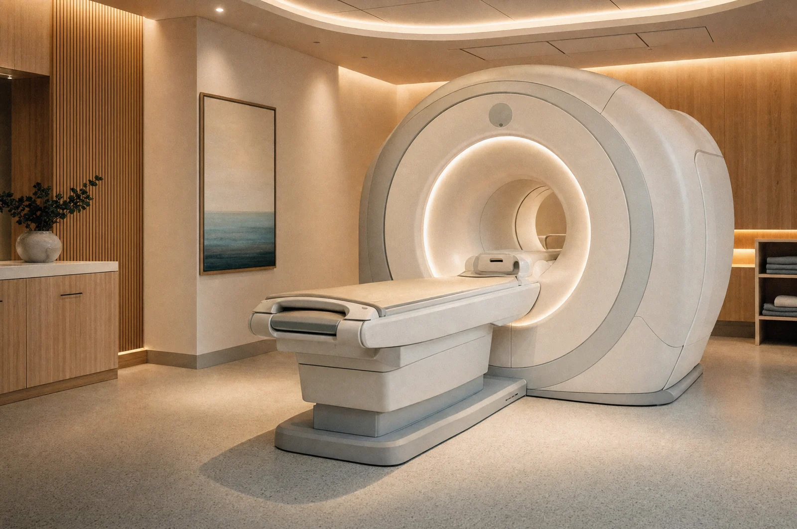 An MRI scanner bore in a quiet imaging suite.