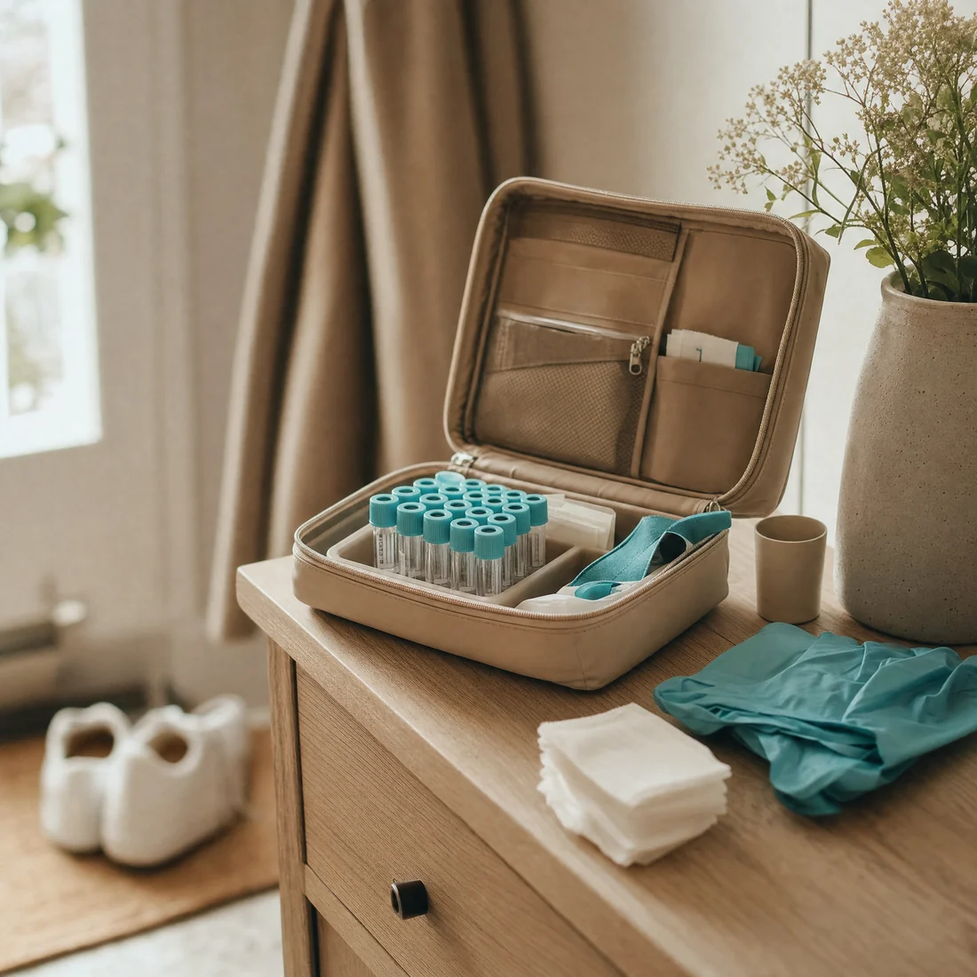 A mobile phlebotomy kit opened on a table, tubes and supplies arranged inside.