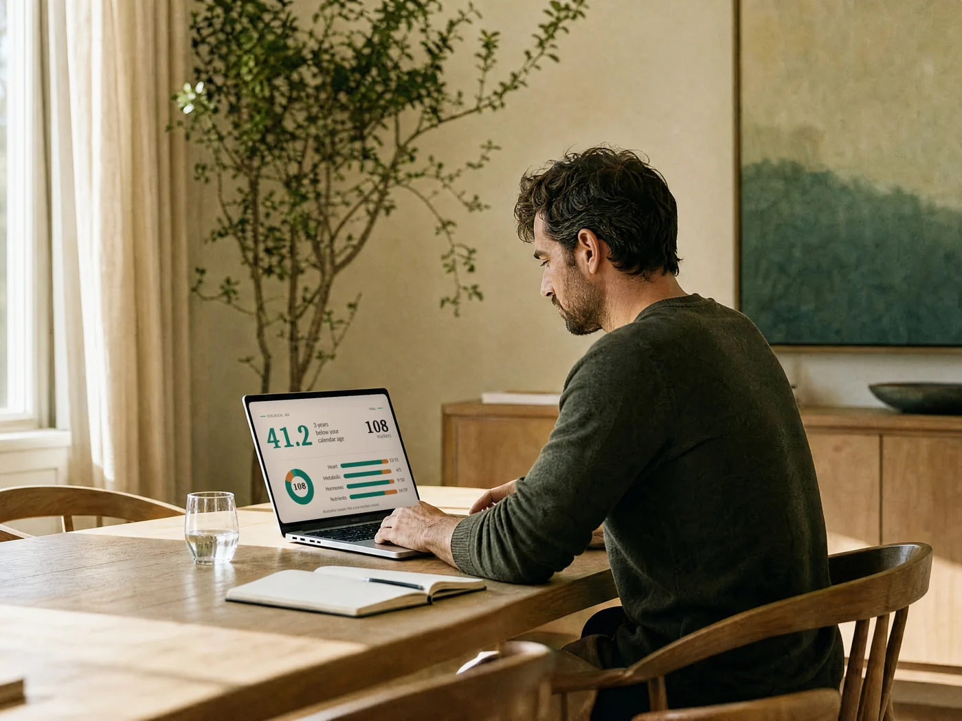 A person reading at a laptop at a dining table in morning light, the screen showing the Vytals results view.