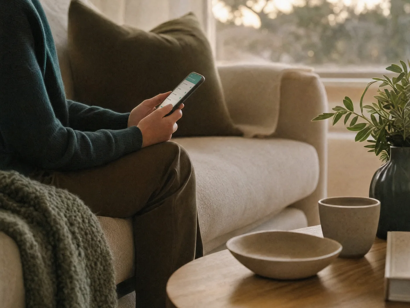 A person sitting on a sofa in evening light, choosing a panel on the Vytals app.